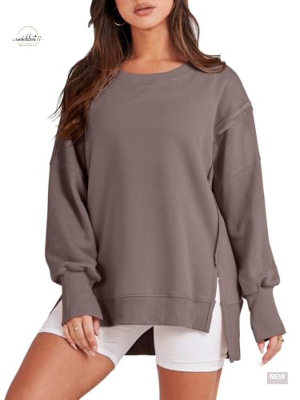 Oversized Crew Neck Sweatshirt Long Sleeve Side Slit Drop Shoulder Pullover